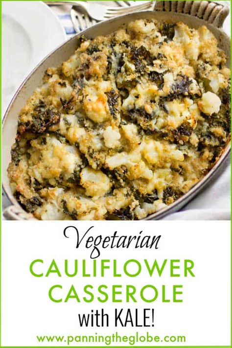 This Vegetarian Cauliflower Casserole recipe has cauliflower, kale, quinoa and sharp cheddar cheese. It satisfies like mac & cheese but it's way healthier! #CheesyCauliflower #CauliflowerCasserole #CheesyCauliflowerBake #VegetarianCasserole #HealthyRecipe Kale Casserole Recipes, Cauliflower Casserole Recipes, Healthy Casserole, Quinoa Kale, Kale Quinoa, Yummy Veggies, Vegetarian Casserole, Healthy Pasta, Paleo Baking