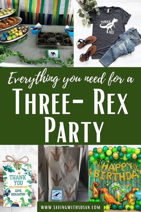 Celebrate your three-rex with a dinosaur themed 3rd birthday party. Decorate with dinosaur balloons, have dinosaur themed food options, dress in a dinosaur shirt or costume and have dinosaur party favors. Dinosaur party, dino birthday party, dinosaur birthday party ideas, 3rd birthday party ideas, dino party, dino decorations. 3rd Birthday Party Ideas, Dinosaur Themed Food, Dino Party Food, 4th Birthday Party For Boys, Dinosaur Birthday Party Food, Dinosaur Birthday Party Ideas, Dino Decorations, Birthday Party Dinosaur, Party Dinosaur