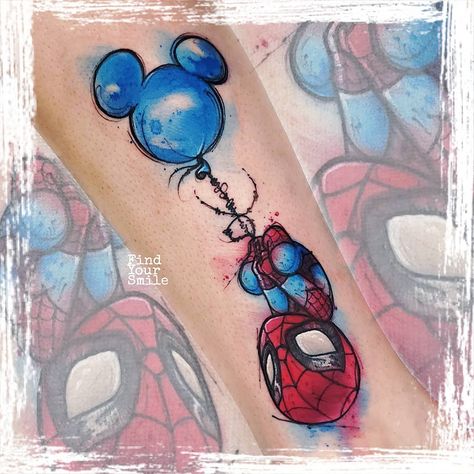 Spiderman Watercolor Tattoo, Sketch Watercolor Tattoo, Marvel Watercolor Tattoo, Halloween Cute Tattoo Ideas, Stitch And Tinkerbell Tattoo, Cartoon Tattoo Ideas Disney Characters, Colorful Disney Tattoos, Disney Pixar Tattoos, Disney Up Tattoo