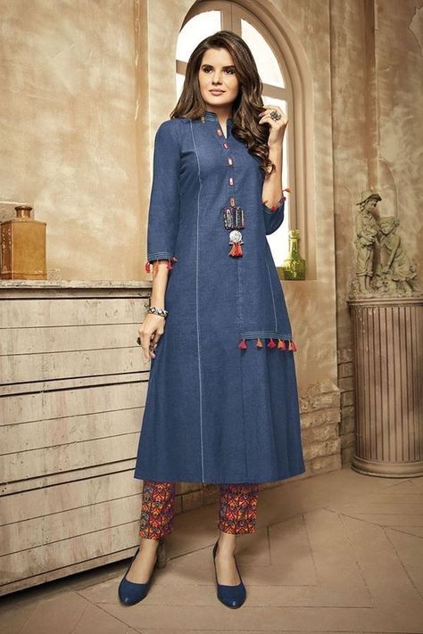 Kurti with detailing Denim Kurti Designs, Denim Kurti, Pant Design, Off White Designer, Simple Kurti Designs, Gaun Fashion, Long Kurti Designs, Designer Suit, Cotton Kurti Designs