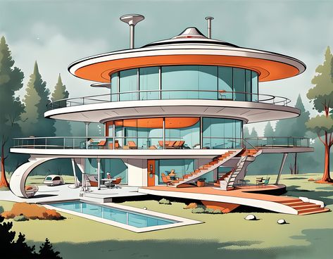 An artists concept of a space age home, futuristic and modern and awe inspiring Retro Space Age Aesthetic, Sci Fi Architecture Concept, Retro Futurism House, Retro Futuristic Design, Space Age Interior, Space Age Aesthetic, Disney Minimalist, Googie Architecture, Futuristic House