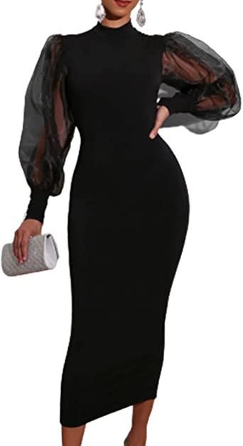 FANTASYSKINS Women's Puff Sleeve Formal Dress Long Sleeve Mesh Stitching Office Lady Mock Neck Split Hem Midi Black Dresses Formal Dress Long Sleeve, Sleeve Formal Dress, Formal Dress Long, Midi Black Dress, Midi Party Dress, Stitching Dresses, Formal Dresses With Sleeves, Elegant Midi Dresses, Ribbed Bodycon Dress