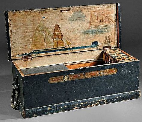 Sea Chest - 1870's Folk Art Whale, Trunk Boxes, Maritime Art, Sea Bags, Antique Trunk, Trunks And Chests, Painted Chest, Blanket Chest, Primitive Antiques