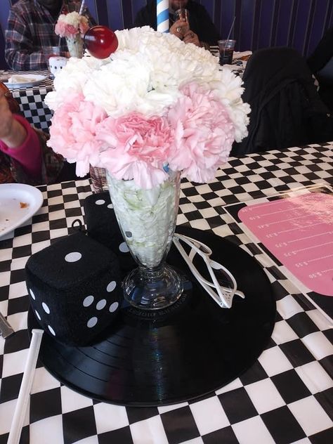 Grease Themed Table Decorations, Sock Hop Table Centerpieces, Grease Theme 1st Birthday Party, Grease Table Decorations, Grease Themed First Birthday, Grease Themed Wedding, Grease Party Games, Grease Wedding Theme, Grease Lightning Party Ideas