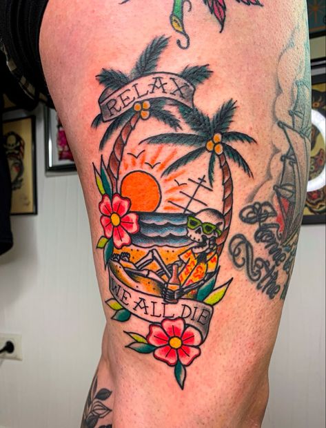 Old School Skeleton Tattoo, American Traditional Beach Tattoo, Dark Skeleton Tattoo, Skeleton Beach Tattoo, Traditional Beach Tattoo, Old School Skeleton, Key West Tattoo, Skeleton Tattoo Ideas, Traditional Tattoo Knee