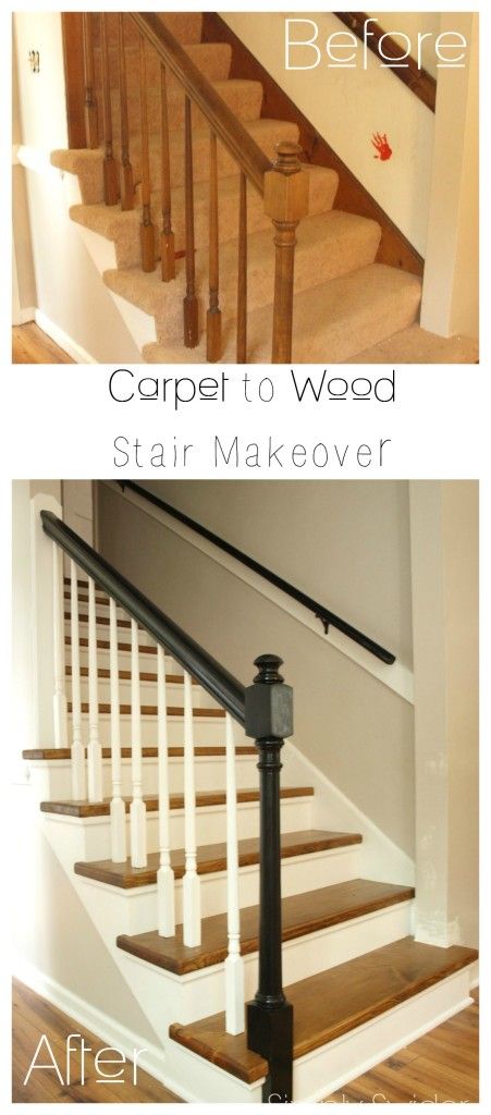 Stairway makeover reveal! Boring builder's grade carpeted stairs get a custom wood makeover with ebony handrails for only $150! Diy Handrails For Basement Stairs, Remodel Staircase, Wood Makeover, Stairway Makeover, Stairs Remodel, Staircase Wood, Staircase Modern, Stairs Makeover Design, Stairs Diy