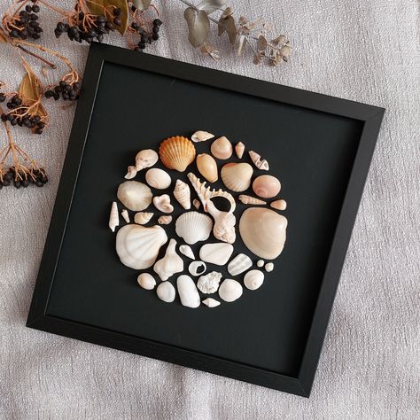 Shell Pictures Art, Framing Seashells, Sea Shells Decor Ideas, Shell Collage Art, Sea Shell Wall Decor, Black Beach Decor, Sea Shell Canvas Art, Art With Shells Seashells, Sea Shell Mosaic