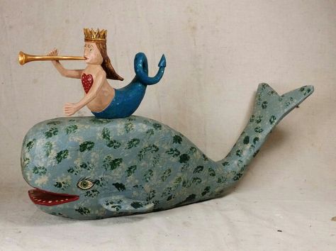 While and Mermaid Folk Art Whale, Carved Mermaid, Mermaid Sculpture, Whale Tattoos, Intricate Art, Mermaids And Mermen, Fish Sculpture, Vintage Mermaid, Mermaid Dolls