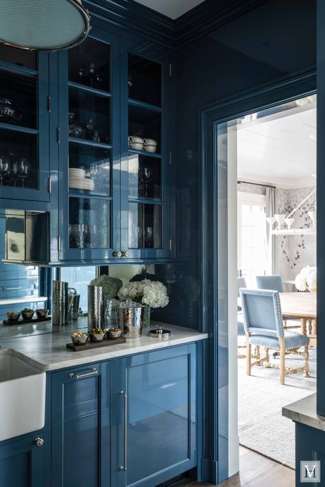 From the Portfolio of Douglas Vanderhorn Architects Blue Butlers Pantry, Butlers Pantry Cabinets, Pantry Bar, French Style Kitchen, Fine Paints Of Europe, Cabinets With Glass Doors, Blue Interiors, Shingle Style Homes, Kitchen Blue