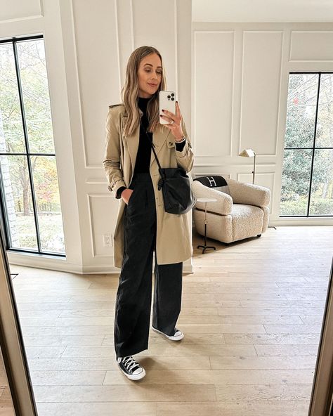 Rainy Day Outfit Fall, Black Wide Leg Trousers Outfit, Grey Wide Leg Trousers, Trousers Outfit Casual, Wide Leg Trousers Outfit, High Top Converse Outfits, Suede Jacket Women, Camel Blazer, Converse High Top