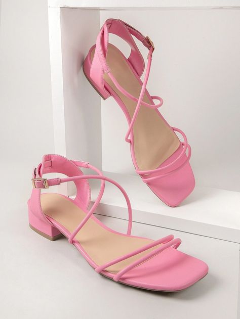 Faux Leather Open-Toe Ankle Strap Heels | SHEIN USA Heels Shein, Mini Heels, Shein Shoes, Women Flat Sandals, Ankle Strap Sandals Flat, Fashion Shoes Sandals, Ankle Strap Block Heel, Strappy Sandals Flat, Pink High Heels