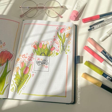 happy april everyone!! 🫶🏻🌷 - i wanted to do a flower theme but i’m not big on flowers but i do love tulips they’re my favorite so that’s… | Instagram Spring Bullet Journal Cover, Spring Bullet Journal Theme, Journal April Ideas, Tulip Bullet Journal, Flower Journal Ideas, April Journal Ideas, Bullet Journal Flowers, Flower Bullet Journal, Spring Bullet Journal