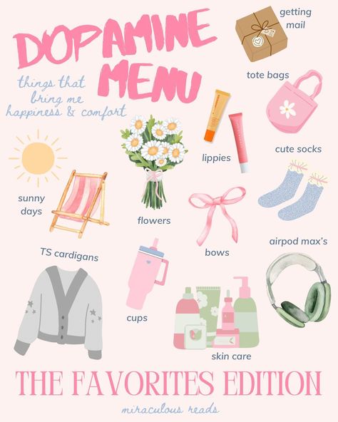 my dopamine menu 💐📖🎀 i’ve seen this trend going around and knew it had to put something together for it🥹💓 there’s A LOT of stuff on my dopamine menu but it was so hard to pick just a few- so many things make me so happy and for that i am extremely lucky🫶🏻✨ -> what things are on your dopamine menu?? 💐💫📖 #bookishpost #bookishaesthetic #readingaesthetic #bookstagrammers #cozyaesthetic #favorites #graphicdesign Dopamine Menu Ideas Aesthetic, Dopamine Menu Ideas Journal, Dopamine Menu Journal, Dopamine Ideas, Dopamine Menu Ideas, Dopamine Aesthetic, Therapy Topics, What Makes Me Happy, Vision Board Kit