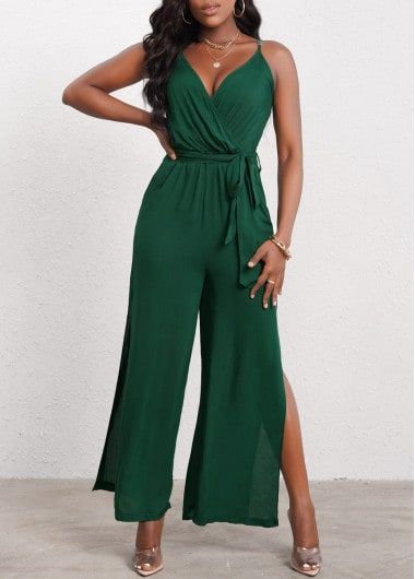 Tie Side Dark Green Spaghetti Strap Jumpsuit | Rotita.com - USD $32.98 Dark Green Jumpsuit, Dark Green Tie, Yacht Party Outfit, Prom Jumpsuit, Tech Outfit, Green Dress Outfit, Bridesmaids Jumpsuits, Spaghetti Strap Jumpsuit, Jumpsuit For Wedding Guest