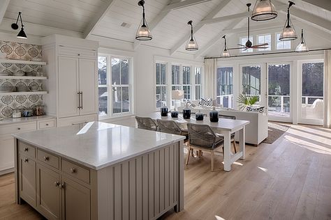 Classic white coastal cottage kitchen in Palmetto Bluff by Lisa Furey. Modern farmhouse design elements include floating shelves, shiplap, white oak flooring, and apron front farm sink. Living Dining And Kitchen, Coastal Cottage Decorating, Casa Clean, Cottage Modern, Open Concept Living Room, Open Living, Bright Kitchens, Cottage Interiors, Farmhouse Style Kitchen