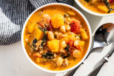 Italian Sausage Butternut Squash Soup | Get Inspired Everyday! 21 Bean Soup Recipe, Best Bean Soup, Sausage Butternut Squash, Bean Soups, White Bean Kale Soup, Bean And Vegetable Soup, Cashew Cream Sauce, Butternut Soup, Cut Butternut Squash