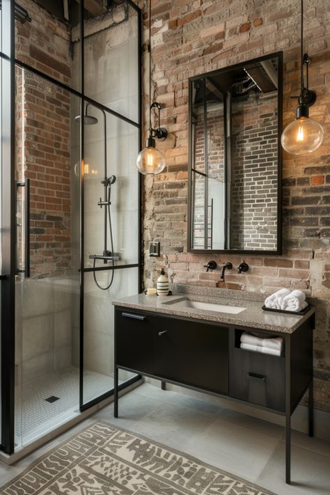 Learn what works and what doesn't when designing your perfect industrial bathroom. Bathroom With Exposed Brick, Exposed Brick Bathroom Ideas, Brick Wall Bathroom Ideas, Industrial Boho Bathroom, Red Brick Bathroom, Exposed Brick Interior Design, Brick In Bathroom, Brick Wall Basement, Modern Industrial Basement