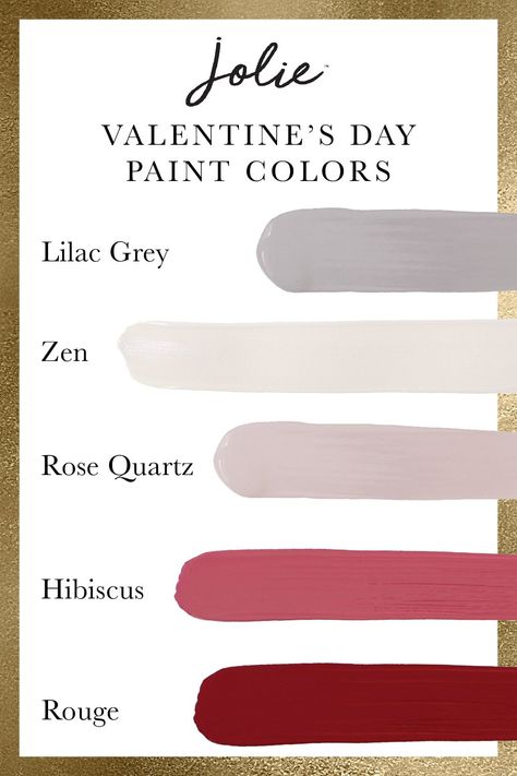 Valentine's Day color palette ideas with Jolie Paint. The prettiest pinks, purples, and reds to paint your furniture and home accessories just in time for the Valentine's Day holiday. Use the colors on your home decor or for a gift for your special someone. Color Palette Valentine, Valentine’s Day Color Palette, Valentines Day Color Palette, Romance Color Palette, February Color Palette, Valentines Color Palette, Valentine Palette, Valentine Color Palette, Rooftop Romance