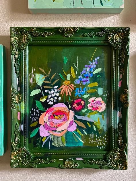 Frames Painted On Wall, June Painting Ideas, Diy Painting For Living Room, Canvas Painting Frame Ideas, Wendy Brightbill Art, Maximalist Art Paintings, Creative Canvas Ideas, Floral Wall Art Diy, Diy Art Paintings