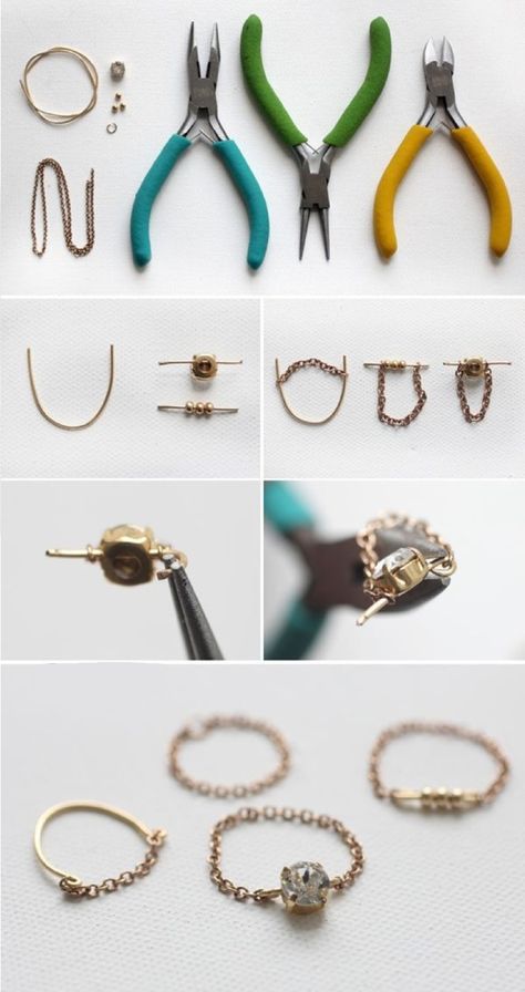 DIY: delicate chain ring... Cincin Diy, Fimo Ring, Simpul Pita, Diy Steps, I Spy Diy, Diy Ring, Chain Rings, Pola Gelang, Gelang Manik