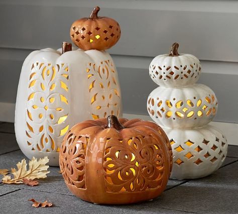 Filigree Punched Ceramic Pumpkins Pumpkin Pottery, Pottery Barn Halloween, Ceramic Pumpkins, Pumpkin Candle Holder, Pumpkin Picking, Pumpkin Candles, Fall Decoration, Halloween Home Decor, Pumpkin Decorating