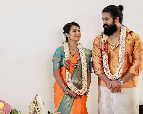 Kgf Yash, Radhika Pandit, House Warming Ceremony, Ceremony Photos, Traditional Attires, Orange Saree, Man Bun, Actor Photo, Still Image