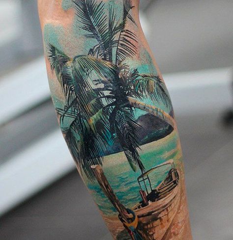 340+ Beach Tattoo Designs (2023) - TattoosBoyGirl Beach Scene Tattoo, Tropisches Tattoo, Beachy Tattoos, Tree Tattoo Men, Tropical Tattoo, Surf Tattoo, Scene Tattoo, Tattoo Tree, Sunset Tattoos