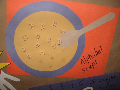 Alphabet soup craft Letter Soup Activities, Alphabet Soup Activities For Preschool, Alphabet Soup Craft Preschool, Soup Theme Preschool, Soup Craft Preschool, Alphabet Soup Craft, Alphabet Soup Preschool, Woyc Ideas, Alphabet Soup Art