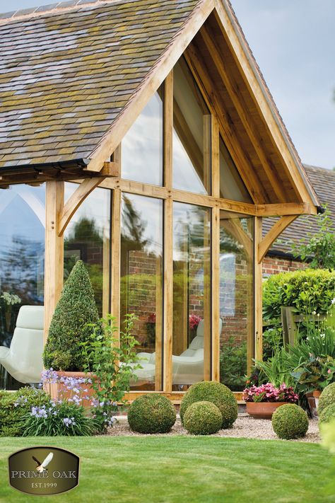 Admiring the gable end of this Garden Room! The pitched roof and floor-to-ceiling glass provide a light and open space for this home and full panoramic views of the beautiful garden. 😍⁠ ⁠ #gardenviews #gardensofinstagram #gardendesigns #oakextension #conservatory #orangery #gardenroom #newhomebuild #houseextension #hometransformation #homeinspo Glass Gable End, Pitched Roof Extension, Prime Oak, Conservatory Ideas, Cottage Extension, Alderley Edge, Oak Framed Buildings, Property Ideas, Roof Extension