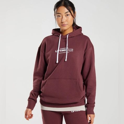 Gymshark Oversized Hoodie Collegiate Social Club Burgundy Cherry Brown Womens XS Club Branding, Gym Jacket, Cherry Brown, Collegiate Style, Vest Crop Top, Join The Club, Gymshark Women, Oversized Hoodie, Social Club