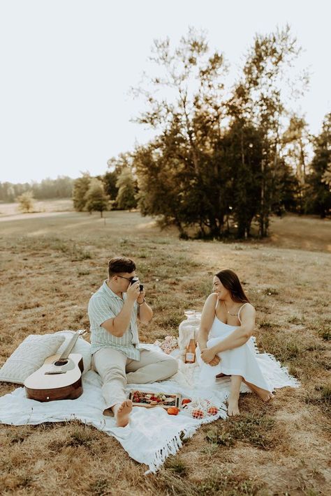 Picnic guitar couple photos engagement session Polaroids fruit and charcuterie board dreamy Picnic Prenup Photoshoot, Pre Wedding Picnic Photoshoot, Engagement Photos Themes, Engagement Shoot Themes, Picnic Photoshoot Ideas Couple Photos, Cute Date Ideas Pictures, Couple Photoshoot Picnic, Picnic Theme Photoshoot, Preshoot Ideas Photo Shoot