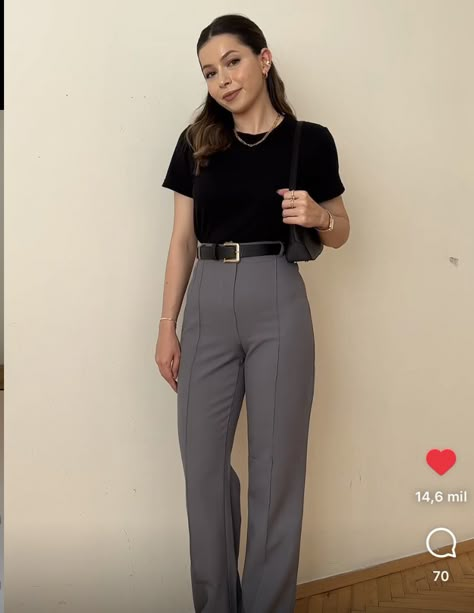 How To Style Grey Trousers Women, Dark Gray Slacks Outfit Women, Grey Business Pants Outfit, Gray Work Pants Outfit, Grey Trousers Women, Slacks Outfit, Coat Outfit Casual, Pants Outfit Work, Job Clothes