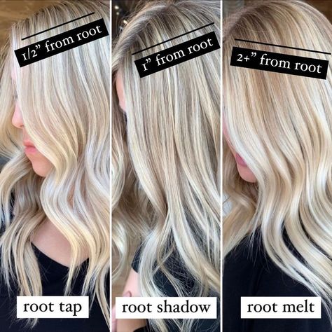 root tap, root shadow, root melt — what’s the difference?! ⁉️⁣ ⁣ ➖ root tap: a small tap (usually about 1/2”) to soften foil lines and give… | Instagram Root Tap Blonde Balayage, Small Shadow Root Blonde, All Over Blonde With Root Tap, Root Melt Vs Root Smudge, Blonde Hair With A Root Tap, Shadow Root Melt, Root Tap Vs Shadow Root, Root Tap Vs Root Smudge, Smudge Root Blonde Balayage