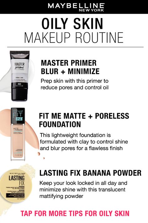 Oily skin makeup routine: Maybelline Master Prime Blur + Smooth Primer, Fit Me Matte + Poreless Foundation, and Lasting Fix Banana Powder. All Day Stay Makeup, Make Up For Oily Skin How To Apply, Primer For Oily Skin And Large Pores, Best Primer For Oily Skin And Pores, Fit Me Primer, How To Make Makeup Stay On All Day, Skin Prep For Makeup, Best Makeup Products For Oily Skin, Oil Skin Makeup