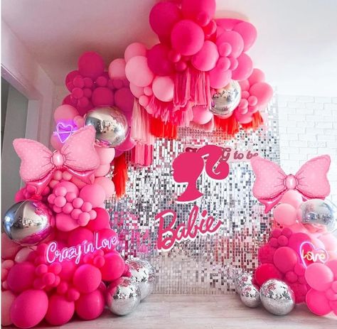 Bachelorette Tea Party, Hot Pink Balloons, Pastel Balloon Garland, Pink Balloon Arch, Barbie Decorations, Pink Birthday Decorations, Tea Party Supplies, Silver Balloons, Pink Bridal Shower Invitations