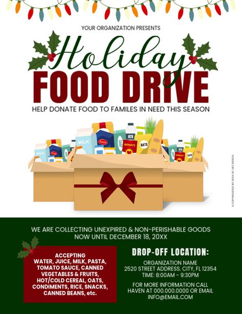 Illustrative Holiday Food Drive Charity Fundraiser Donation Flyer, canned food drive, holiday christmas food drive advertisement flyer, help donate, food donation flyer, holiday red green charity flyer, feed the homeless, hungry, mistletoe, donation box, illustrations, bow, food, food drive event flyer. Canned Food Drive Box Ideas Fun, Food Drive Box Ideas Fun, Christmas Charity Ideas, Donation Flyer, Canned Food Drive, Non Perishable, Donation Box, Food Donation, Food Drive