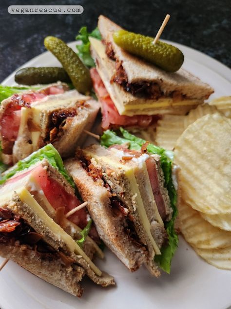 Classic Turkey Club Sandwich - Vegan -Recipe on the blog - select the link. #vegan #clubsandwich #classicclub #plantbased #veganrescue #vegenaise #chao #unreal #sandwich #sandwichrecipe #recipe Vegan Club Sandwich, Club Sandwich Recipe, Turkey Club Sandwich, Vegan Turkey, Club Sandwich Recipes, Vegan Sandwich Recipes, Classic Turkey, Turkey Club, Vegan Sandwiches