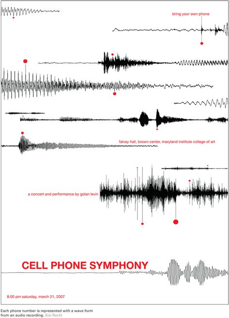 Phone numbers within this cell phone symphony poster are all represented through audio waves found in recordings, rather than the displaying the number itself. Sound Waves Design, Audio Waves, Graphic Design Portfolio Layout, Wave Poster, Music Festival Poster, Freelance Marketing, Poster Layout, Print Layout, Festival Posters