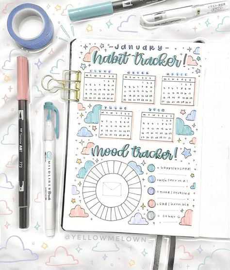 8,288 curtidas, 142 comentários - melanie’s bujo ☺︎︎ (@yellowmelown_) no Instagram: “happy saturday!! first time making a habit tracker and mood tracker!! i forgot to post this…” Notesbog Design, March Bullet Journal, Bullet Journal Ideas Templates, Bullet Journal Font, Habit Tracker Bullet Journal, Bullet Journal Tracker, Bulletin Journal Ideas, Habit Trackers, Bullet Journal Design Ideas