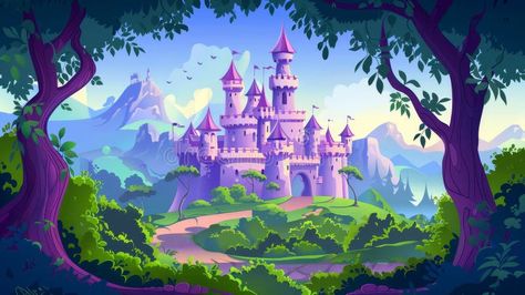 Medieval castle cartoon background landscape set with palace for fantasy fairytale illustration. Forest castle with stock images Fairytale Background Landscape, Castle Cartoon, Castle Background, Fairytale Castle, Fairytale Illustration, Cartoon Background, Medieval Castle, Palace, Photo Image