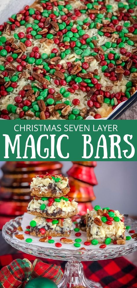 Christmas Seven Layer Magic Cookie Bars Christmas Magic Cookie Bars Holidays, Magic Christmas Bars, 7 Layer Squares Condensed Milk, Holiday Magic Bars, M&m Magic Bars, Christmas Magic Cookie Bars, 7 Layer Magic Cookie Bars Eagle Brand, Christmas Magic Bars, Eagle Brand Recipes Condensed Milk Magic Cookie Bars