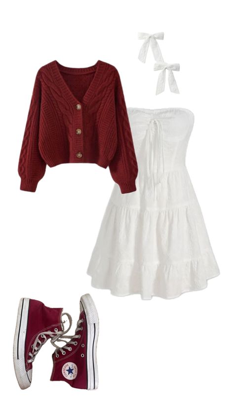 white dress w cardigan and converse Dress With Converse Outfit, Burgundy Converse Outfit, Croquette Outfits, Outfits Layout, 2016 Outfits, White Dress Winter, Outfit Boards, Outfits 2016, Red Fall