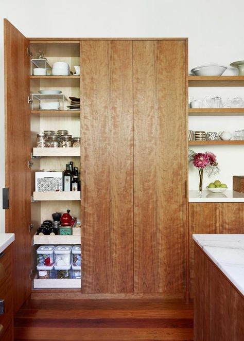 Cherry wood pantry with pullout shelves. Shallow Pantry, Shallow Shelves, Hippie House, Perfect Pantry, Narrow Shelves, Pantry Shelf, Kitchen Cabinet Storage, Pantry Cabinet, Updating House