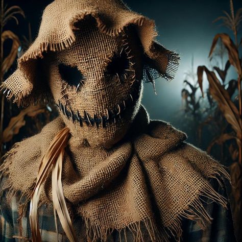 A creepy scarecrow made from burlap with a stitched face, perfect for adding a rustic and eerie touch to your Halloween decorations. This figure is ideal for haunted houses, corn mazes, or as a standalone creepy prop. Halloween Scarecrow Decorations, Creepy Scarecrow, Scarecrow Decorations, Scary Scarecrow, Scary Pumpkin Faces, Creepy Masks, Scary Halloween Decorations Outdoor, Scarecrow Face, Halloween Digital Art