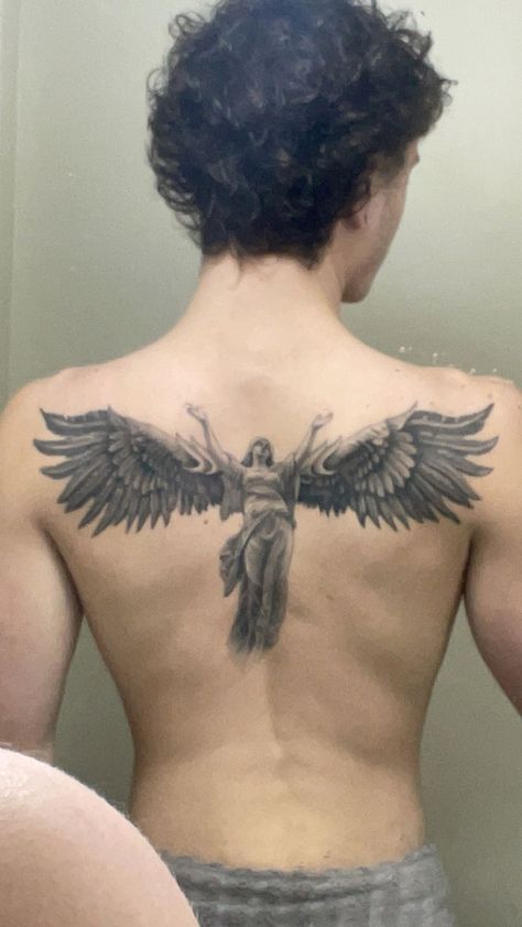 Back piece of an angel Roman God Tattoos For Men, Chest Tattoo Pieces For Men, Angel Back Piece Tattoo, Angel Tattoo Ideas Men, Angelic Back Tattoo, Side Of Arm Tattoo Men, Lucifer Back Tattoo, Eyes Back Tattoo, Side Of The Neck Tattoos For Men