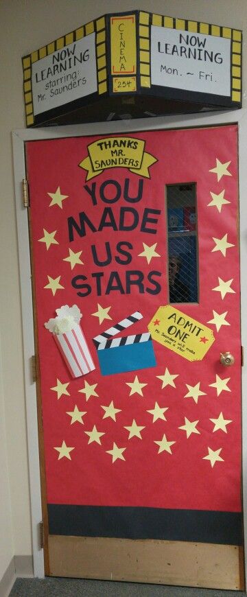 Theatre teacher's door, teacher appreciation week...each student will write their name on a star. Teachers Day Decoration Ideas Stage, Movie Theme Door Decorations Classroom, Movie Classroom Door, Movie Themed Door Decorations, Hollywood Door Decorations Classroom, Teacher Appreciation Hollywood Theme, Hollywood Theme Classroom Door, Star Theme Class Door, Hollywood Teacher Appreciation