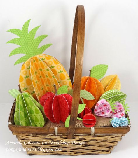 DIY 3D Paper Fruits (pear, apple, pineapple, orange, lemon, lime, cherry, strawberry, blueberry) #tutorial 3d Paper Fruit, Produce Baskets, Paper Fruit, Fruit Crafts, Summer Centerpieces, Fruit Stand, Basket Crafts, Fruit Stands, Doodlebug Design