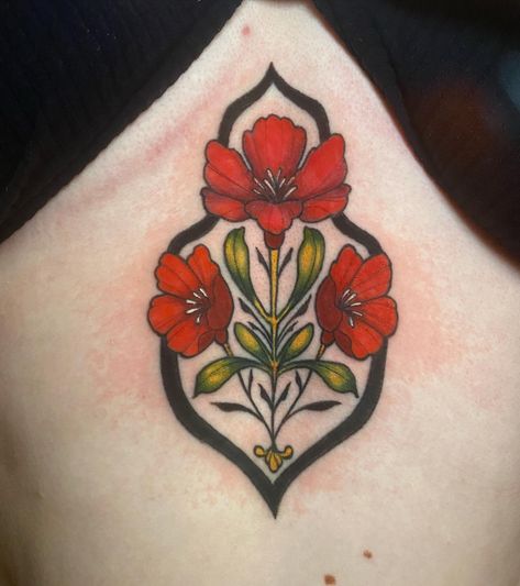 We are in love with this floral sternum piece!! Such a tough spot, but so worth it! @sydneyctattoo made this neo-traditional sort of style tattoo. This piece is so beautiful, and we are in awe with the bold red colour used in the flowers. Neo Traditional Sternum Tattoo, Sternum Tattoo Women Traditional, Sternum Tattoo Traditional, Traditional Sternum Tattoo, Art Nouveau Floral Tattoo, Floral Sternum Tattoo, Sternum Piece, Neat Tattoos, Suit Tattoo