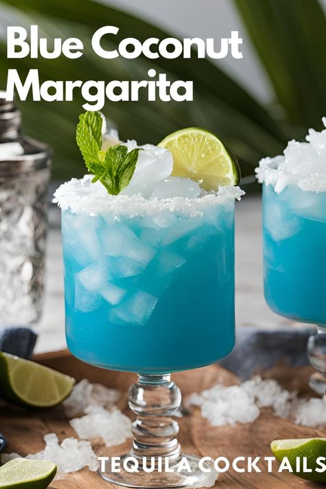 This pretty blue coconut cocktail is easy to make! Frozen blue margarita or serve on the rocks. A twist on a classic margarita recipe, this easy recipe uses Blue Curacao for a vibrant rum drink for blue themed party drinks and sipping pool side. Blue Curacao Drinks Coconut Rum, Shark Bowl Drink Recipe, Tequila Drinks For A Crowd, Blue Margarita Recipe Pitcher, Tequila Party Drinks, Blue Curacao Drinks Easy, Easy Margarita Recipes On The Rocks, 1800 Coconut Tequila Recipes, Coconut Tequila Drinks