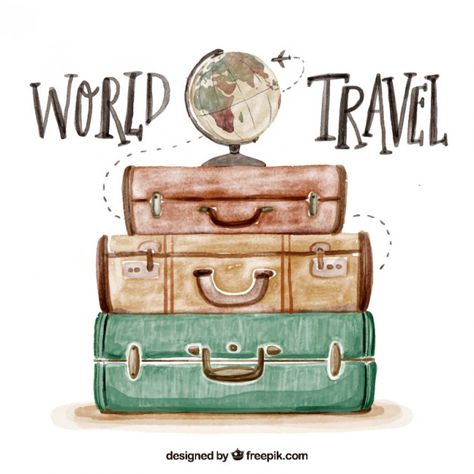 Cute watercolor background with luggage Free Vector | Free Vector #Freepik #vector #freebackground #freewatercolor #freetravel #freehand Globe Vector, Travel Drawing, Safe Journey, Travel Icon, Travel Illustration, Lukisan Cat Air, Photos Hd, Wall Decor Stickers, Travel Set